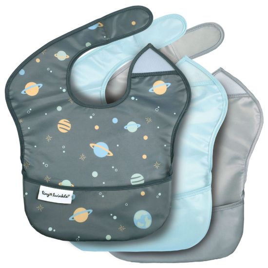 Picture of Tiny Twinkle Mess-Proof Baby Bib - Waterproof Bib for Baby Boy or Girl - Machine Washable - Adjustable Closure - PVC, BPA, & Phthalate Free - Great for Travel - Baby Food Bibs (3 Pack, Space)