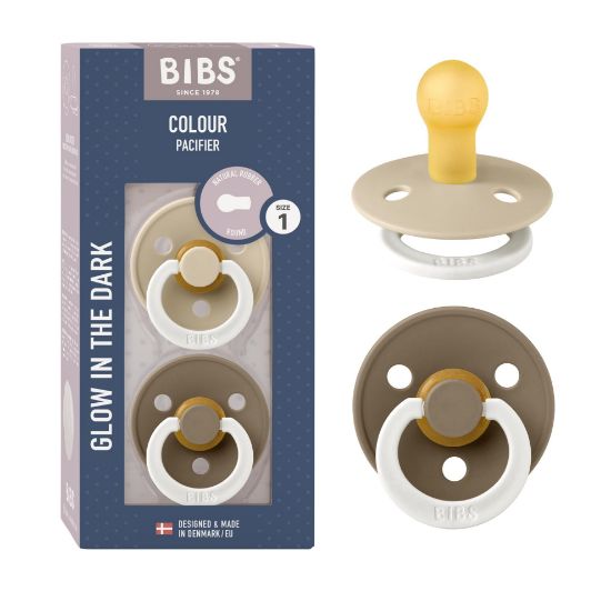 Picture of BIBS Pacifiers Colour Collection | Natural Rubber Baby Pacifier | Set of 2 BPA-Free Soothers | Made in Denmark | 0+ Months (Pack of 2) | Vanilla Night/Dark Oak Night