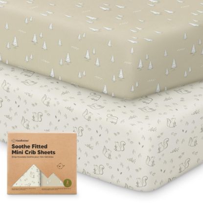 Picture of 2-Pack Mini Crib Sheets Fitted - Pack N Play Sheets for Pack and Play Mattress, Organic Cotton, Soft & Breathable Jersey Playard Bedding, Neutral Mini Toddler Bed Cover for Boys, Girls (Pine Grove)