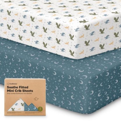 Picture of 2-Pack Mini Crib Sheets Fitted - Pack N Play Sheets for Pack and Play Mattress, Organic Cotton, Soft & Breathable Jersey Playard Bedding, Neutral Mini Toddler Bed Cover for Boys, Girls (Dragon Tale)