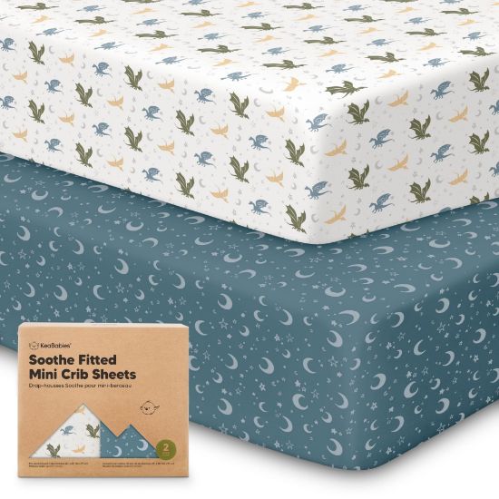 Picture of 2-Pack Mini Crib Sheets Fitted - Pack N Play Sheets for Pack and Play Mattress, Organic Cotton, Soft & Breathable Jersey Playard Bedding, Neutral Mini Toddler Bed Cover for Boys, Girls (Dragon Tale)