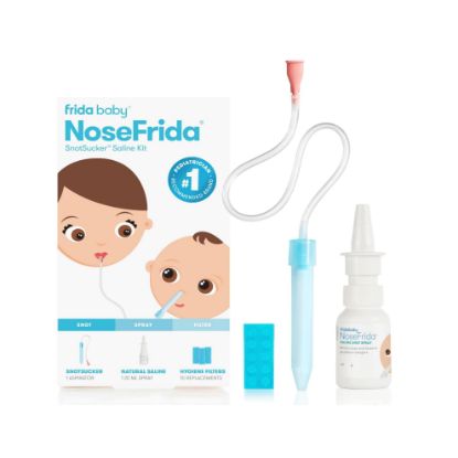 Picture of Frida Baby Nasal Aspirator for Baby, Congestion + Allergy Relief, NoseFrida Baby Nose Sucker with 10 Extra Filters + All-Natural Saline Nasal Spray for Babies, Nasal Spray Decongestant, 0.68 Fl oz