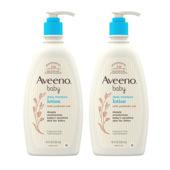 Picture of Aveeno Baby Daily Moisture Body Lotion for Sensitive Skin, Hypoallergenic Moisturizing Baby Lotion with Nourishing Oat to Deeply Moisturize Baby's Skin, Fragrance-Free, 18 fl. oz, 2 Pack