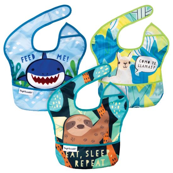 Picture of Tiny Twinkle Mess-Proof Baby Bib - Waterproof Bib for Baby Boy or Girl - Machine Washable - Adjustable Closure - PVC BPA & Phthalate Free -Great for Travel - Baby Food Bibs (3 Pack, Sloth, Shark,