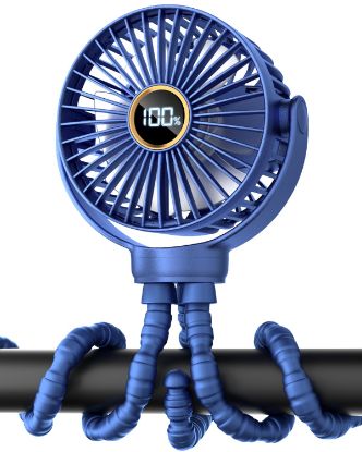 Picture of buywoo 3.5" Battery Powered Baby Stroller Cooling Fan, 3-Speed Rechargebale Tripod Fan with 360 Degree Rotation, Quiet Portable Fan with LED Display, Great for Car Seat, Crib, Bike, Treadmill, Blue
