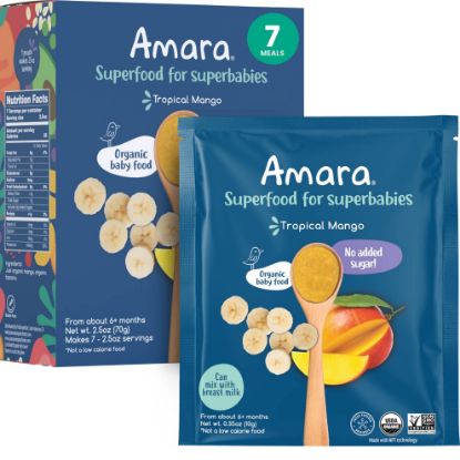 Picture of Amara Organic Baby Food - Stage 2 - Tropical Mango - Baby Cereal to Mix With Breastmilk, Water or Baby Formula - Shelf Stable Baby Food Pouches Made from Organic Fruit - 7 Pouches, 3.5oz Per Serving