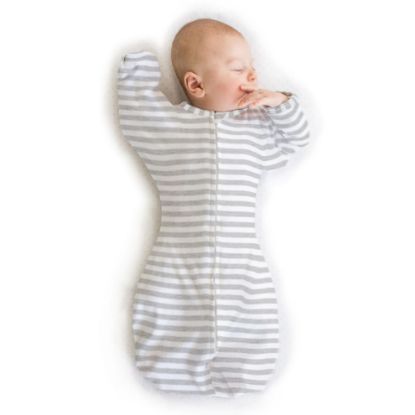 Picture of SwaddleDesigns Transitional Swaddle Sack, Arms Up Half-Length Sleeves & Mitten Cuffs, Swaddle for Newborn Transition to Baby Sleep Sack Wearable Blanket, 0-3 Month, 6-14 lb, Heathered Gray Stripes