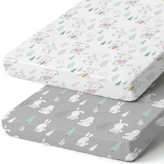 Picture of Pack n Play Sheets, BROLEX 2 Pack Mini Crib Sheets,Stretchy Portable Fitted Playard Sheet Set, Convertible Playard Mattress Cover,Ultra Soft Breathable Material,Pink-Bellied Rabbit