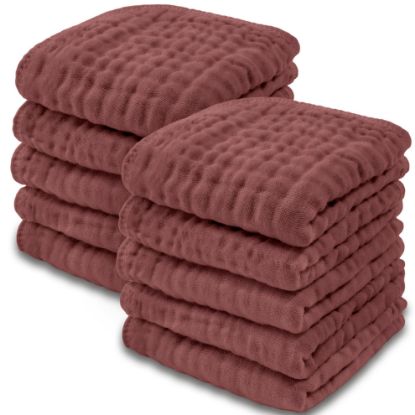 Picture of Comfy Cubs Muslin Baby Washcloths 10 Pack - Soft 6-Layer Cotton Wash Cloths for Sensitive Skin - 10"x10" Large, Gentle, Absorbent Infant Essentials for Newborn and Toddlers - (Wine)