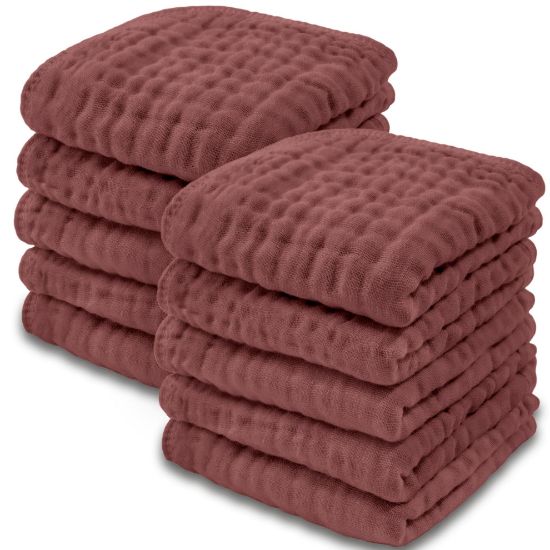 Picture of Comfy Cubs Muslin Baby Washcloths 10 Pack - Soft 6-Layer Cotton Wash Cloths for Sensitive Skin - 10"x10" Large, Gentle, Absorbent Infant Essentials for Newborn and Toddlers - (Wine)