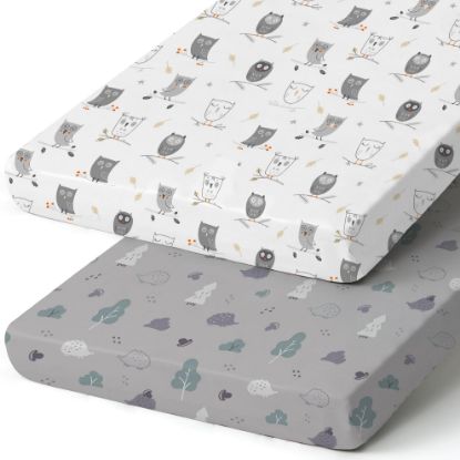 Picture of Pack n Play Sheets, BROLEX 2 Pack Mini Crib Sheets,Stretchy Portable Fitted Playard Sheet Set, Convertible Playard Mattress Cover,Ultra Soft Breathable Material,Hedgehog Owl
