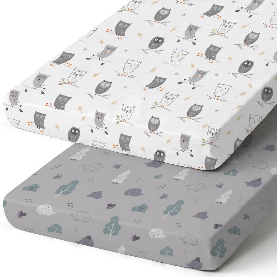 Picture of Pack n Play Sheets, BROLEX 2 Pack Mini Crib Sheets,Stretchy Portable Fitted Playard Sheet Set, Convertible Playard Mattress Cover,Ultra Soft Breathable Material,Hedgehog Owl