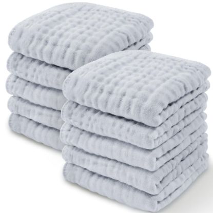 Picture of Comfy Cubs Muslin Baby Washcloths 10 Pack - Soft 6-Layer Cotton Wash Cloths for Sensitive Skin - 10"x10" Large, Gentle, Absorbent Infant Essentials for Newborn and Toddlers - (Slate)