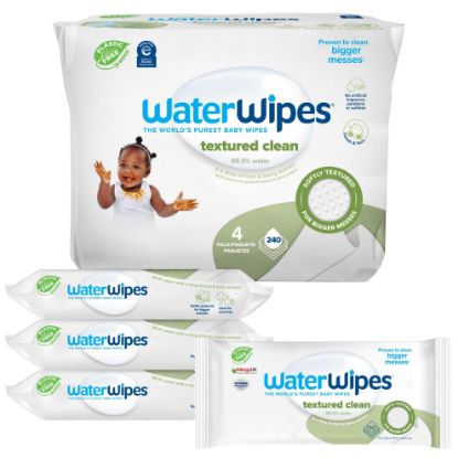Picture of WaterWipes Plastic-Free Textured Clean, Toddler & Baby Wipes, 99.9% Water Based Wipes, Unscented & Hypoallergenic for Sensitive Skin, 60 Count (Pack of 4), Packaging May Vary