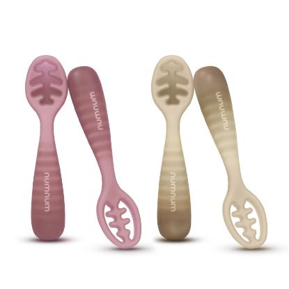 Picture of NumNum Baby Spoons Set, Baby Essentials Pre-Spoon GOOtensils for 12+ Months, First Stage Self-Feeding Spoons for Baby Led Weaning (BLW), Silicone Toddler Utensils, BPA-Free, 4 Pack Beige/Mauve