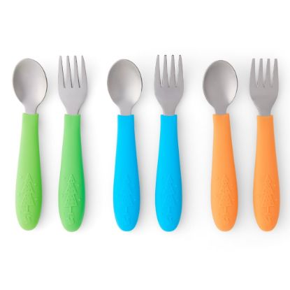 Picture of Elk and Friends Kids Silverware with Silicone Handle | Childrens Safe Flatware | Toddler Utensils | Baby Spoons + Forks | Stainless Steel Cutlery