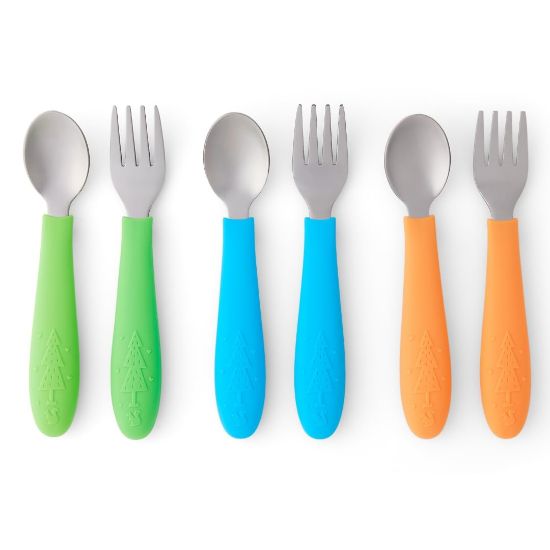 Picture of Elk and Friends Kids Silverware with Silicone Handle | Childrens Safe Flatware | Toddler Utensils | Baby Spoons + Forks | Stainless Steel Cutlery