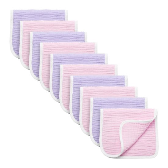 Picture of Synrroe Burp Cloths Large, Muslin Burp Cloths for Baby Girls, Pack of 10 Extra Absorbent and Soft Muslin, 6 Layers 20 by 10 Inches 100% Cotton (Pink-Purple 10 Pack)