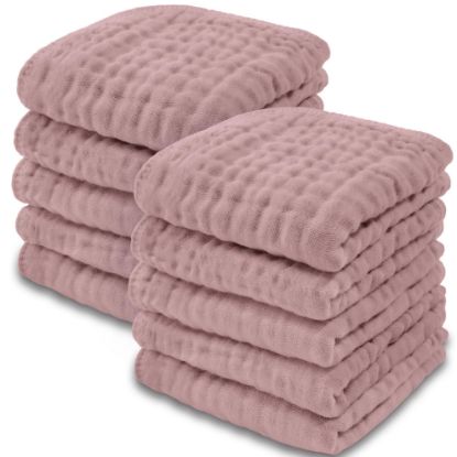 Picture of Comfy Cubs Muslin Baby Washcloths 10 Pack - Soft 6-Layer Cotton Wash Cloths for Sensitive Skin - 10"x10" Large, Gentle, Absorbent Infant Essentials for Newborn and Toddlers - (Mauve)