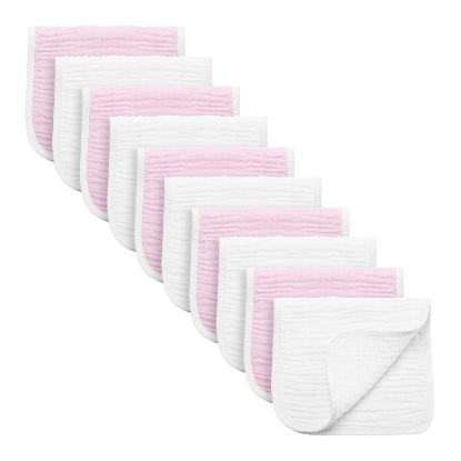 Picture of Synrroe Burp Cloths Large, Muslin Burp Cloths for Baby Girls and Boys, Pack of 10 Extra Absorbent and Soft Muslin, 6 Layers 20 by 10 Inches 100% Cotton (Pink-White 10 Pack)