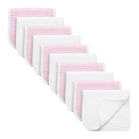 Picture of Synrroe Burp Cloths Large, Muslin Burp Cloths for Baby Girls and Boys, Pack of 10 Extra Absorbent and Soft Muslin, 6 Layers 20 by 10 Inches 100% Cotton (Pink-White 10 Pack)