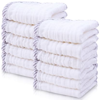 Picture of Cute Castle 12 Pack Muslin Baby Washcloths - Large 12'' by 12'' - Ultra Soft 100% Cotton - Super Absorbent Burp Cloths for Unisex, Boy, Girl -Stripe