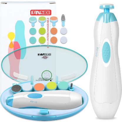 Picture of Baby Nail Clippers, FANSIDI Safe Baby Nail Trimmer Baby Nail File Electric with 10 Filing Pads 8 Sandpapers for Newborn Infant Toddler or Adult Toes Fingernails Care - AA Battery Operated (White/Blue)