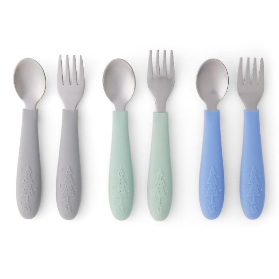 Picture of Elk and Friends Kids Silverware with Silicone Handle | Childrens Safe Flatware | Toddler Utensils | Baby Spoons + Forks | Stainless Steel Cutlery