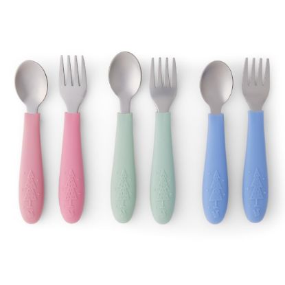 Picture of Elk and Friends Kids Silverware with Silicone Handle | Childrens Safe Flatware | Toddler Utensils | Baby Spoons + Forks | Stainless Steel Cutlery