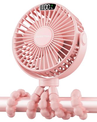 Picture of SWEETFULL Portable Stroller Fan with Display 4000mAh Battery Powered Mini Clip On Fan, 4-Speed Rechargeable Small Personal Cooling for Baby Car Seat Crib Travel - Pink
