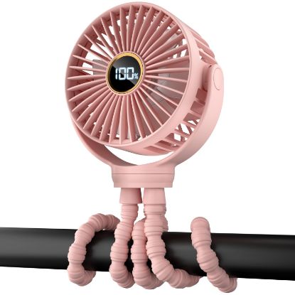 Picture of Portable Stroller Mini Fan, Small Rechargeable Personal Cooler w/ 360° Rotation, 3-Speed, Display, Battery Powered Stroller Accessories, Baby Essentials for Car Seat, Crib, Bike, Treadmill, Pink