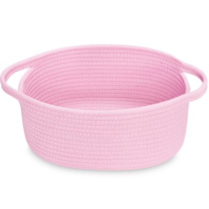 Picture of ABenkle Small Basket, 12"x 8" x 5" Cute Small Woven Basket, Rope Room Shelf Storage Basket, Cat Dog Toys Basket Chest Box, Decorative Empty Gift Basket with Handles - All PInk