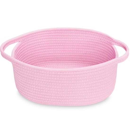 Picture of ABenkle Small Basket, 12"x 8" x 5" Cute Small Woven Basket, Rope Room Shelf Storage Basket, Cat Dog Toys Basket Chest Box, Decorative Empty Gift Basket with Handles - All PInk