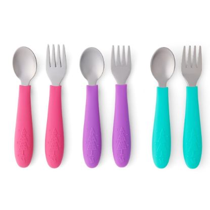 Picture of Elk and Friends Kids Silverware with Silicone Handle | Childrens Safe Flatware | Toddler Utensils | Baby Spoons + Forks | Stainless Steel Cutlery