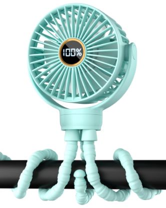Picture of buywoo 3.5" Battery Powered Baby Stroller Cooling Fan, 3-Speed Rechargebale Tripod Fan with 360 Degree Rotation, Quiet Portable Fan with LED Display, Great for Car Seat, Crib, Bike, Treadmill, Aqua