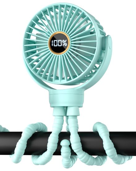 Picture of buywoo 3.5" Battery Powered Baby Stroller Cooling Fan, 3-Speed Rechargebale Tripod Fan with 360 Degree Rotation, Quiet Portable Fan with LED Display, Great for Car Seat, Crib, Bike, Treadmill, Aqua