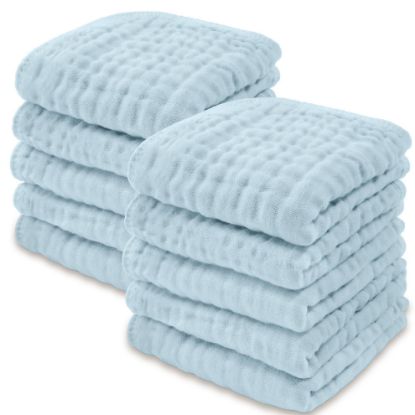 Picture of Comfy Cubs Muslin Baby Washcloths 10 Pack - Soft 6-Layer Cotton Wash Cloths for Sensitive Skin - 10"x10" Large, Gentle, Absorbent Infant Essentials for Newborn and Toddlers - (Sky Blue)
