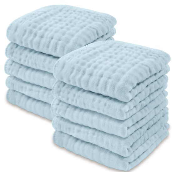 Picture of Comfy Cubs Muslin Baby Washcloths 10 Pack - Soft 6-Layer Cotton Wash Cloths for Sensitive Skin - 10"x10" Large, Gentle, Absorbent Infant Essentials for Newborn and Toddlers - (Sky Blue)