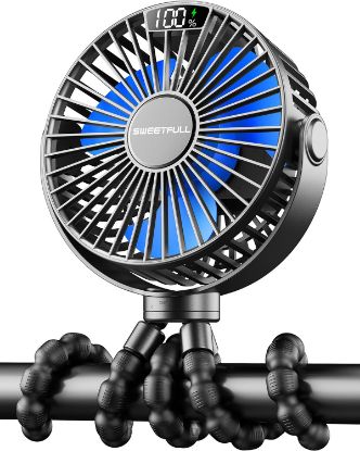 Picture of SWEETFULL Portable Stroller Fan with Display 4000mAh Battery Powered Mini Clip On Fan, 4-Speed Rechargeable Small Personal Cooling for Baby Car Seat Crib Travel - Black