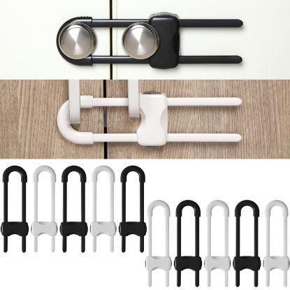 Picture of Jetec 10 Pieces Cabinet Locks for Babies, U-Shaped Proofing Drawers Safety Child Locks Adjustable, Easy to Use Childproof Latch for Knob Handle on Kitchen Door Storage Cupboard Closet (White, Black)