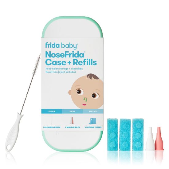 Picture of Frida Baby NoseFrida Case + Refills Accessories Kit, Includes Storage Travel Case, Bristle Cleaning Brush, 9 Hygiene Filters & 2 Tips for Cleaning and Storage of the NoseFrida Nasal Aspirator for Baby