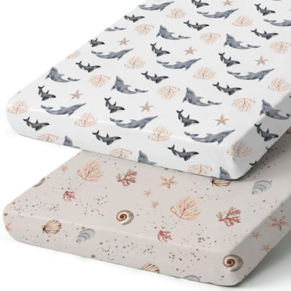 Picture of Pack n Play Sheets, BROLEX 2 Pack Mini Crib Sheets,Stretchy Portable Fitted Playard Sheet Set, Convertible Playard Mattress Cover,Ultra Soft Breathable Material, Dolphins Shells