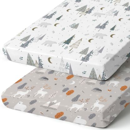 Picture of Pack n Play Sheets, BROLEX 2 Pack Mini Crib Sheets,Stretchy Portable Fitted Playard Sheet Set, Convertible Playard Mattress Cover,Ultra Soft Breathable Material,Snowy Forest