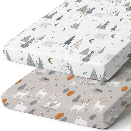 Picture of Pack n Play Sheets, BROLEX 2 Pack Mini Crib Sheets,Stretchy Portable Fitted Playard Sheet Set, Convertible Playard Mattress Cover,Ultra Soft Breathable Material,Snowy Forest