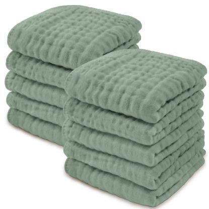 Picture of Comfy Cubs Muslin Baby Washcloths 10 Pack - Soft 6-Layer Cotton Wash Cloths for Sensitive Skin - 10"x10" Large, Gentle, Absorbent Infant Essentials for Newborn and Toddlers - (Fern)