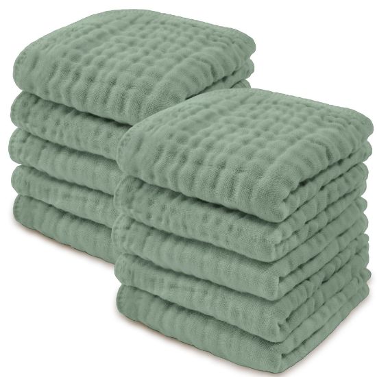 Picture of Comfy Cubs Muslin Baby Washcloths 10 Pack - Soft 6-Layer Cotton Wash Cloths for Sensitive Skin - 10"x10" Large, Gentle, Absorbent Infant Essentials for Newborn and Toddlers - (Fern)