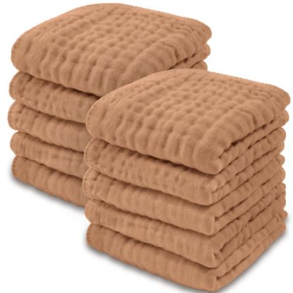Picture of Comfy Cubs Muslin Baby Washcloths 10 Pack - Soft 6-Layer Cotton Wash Cloths for Sensitive Skin - 10"x10" Large, Gentle, Absorbent Infant Essentials for Newborn and Toddlers - (Caramel)