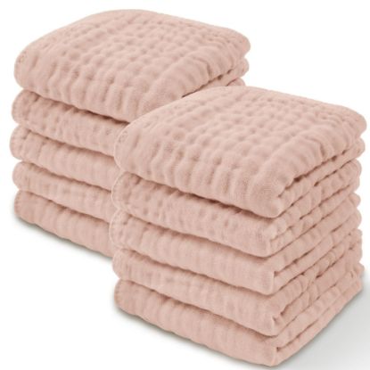 Picture of Comfy Cubs Muslin Baby Washcloths 10 Pack - Soft 6-Layer Cotton Wash Cloths for Sensitive Skin - 10"x10" Large, Gentle, Absorbent Infant Essentials for Newborn and Toddlers - (Blush)
