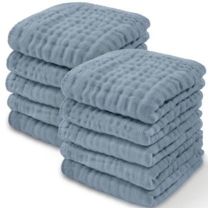Picture of Comfy Cubs Muslin Baby Washcloths 10 Pack - Soft 6-Layer Cotton Wash Cloths for Sensitive Skin - 10"x10" Large, Gentle, Absorbent Infant Essentials for Newborn and Toddlers - (Pacific Blue)