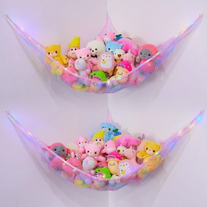 Picture of Basumee Stuffed Animals Net or Hammock with LED Light Hanging Toy Net Hammock for Stuffed Animals Storage Stuff Animals Hammocks for Nursery Kids Room with Remote Control, 8 Kinds of Lights(Pack of 2)